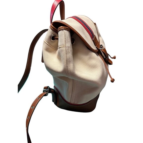 Coach Vtg Beige Canvas Backpack w Blue, Brown, & Red Leather Accents - Picture 3 of 9